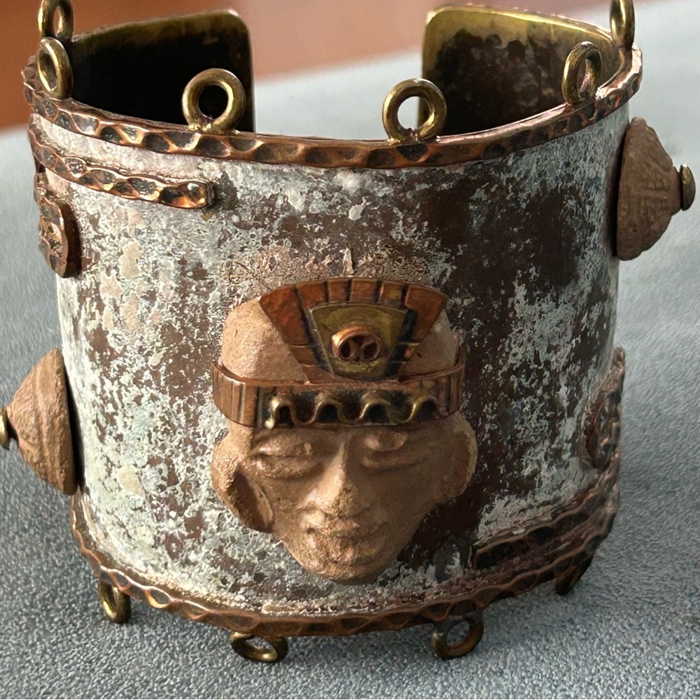 VTG Mexico Mayan Mask Cuff Bracelet Aztec Carved Copper Terra Cotta Clay Patina